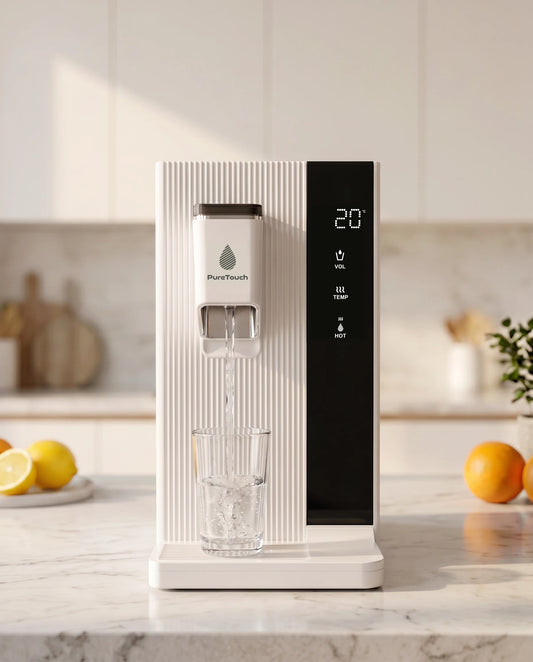 PUREON PureTouch Wasserfilter spendet gefiltertes Trinkwasser mit 20 °C direkt in der Küche