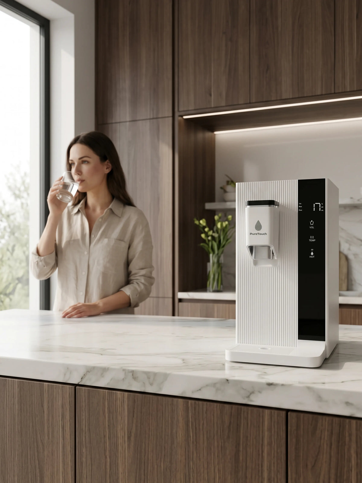 PUREON PureTouch Wasserfilter in moderner Küche mit sauberem Trinkwasser auf Knopfdruck